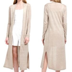 Theory Torina C Linen Cashmere Blend Light Beige Open Front Longline Cardigan